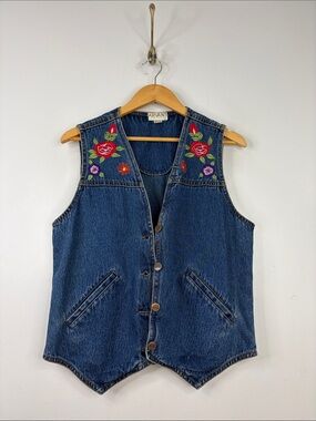 Vintage Denim Vest Womens Large Blue Jean Waistcoat Red Embroidered Floral 90s